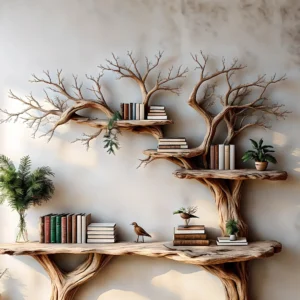 Narrow table with twig bookshelf, Entrance living edge table, Farm table rustic handmade console table natural wood