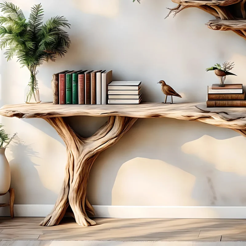 Narrow table with twig bookshelf, Entrance living edge table, Farm table rustic handmade console table natural wood - Image 2
