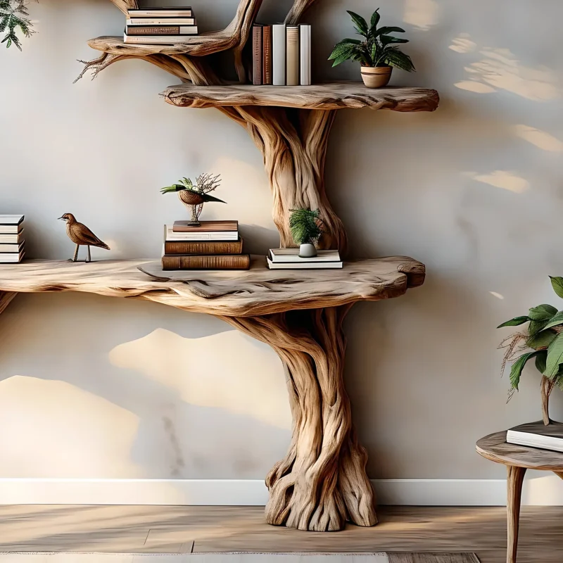 Narrow table with twig bookshelf, Entrance living edge table, Farm table rustic handmade console table natural wood - Image 3