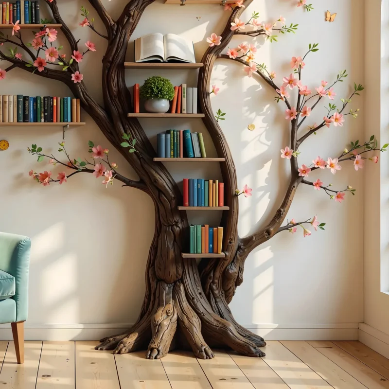 Natural Wood Book Tree Shelf, Stylish & Functional Storage - Image 2