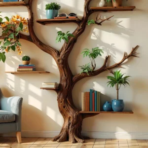 Natural Wood Tree Bookshelf, Handmade by Skilled Artisans.