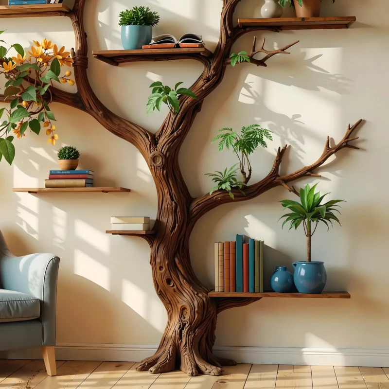 Natural Wood Tree Bookshelf, Handmade by Skilled Artisans.