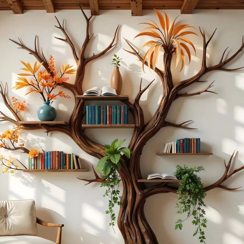 Natural Wood Tree Branch Bookshelf, Stylish, Unique & Space-Saving