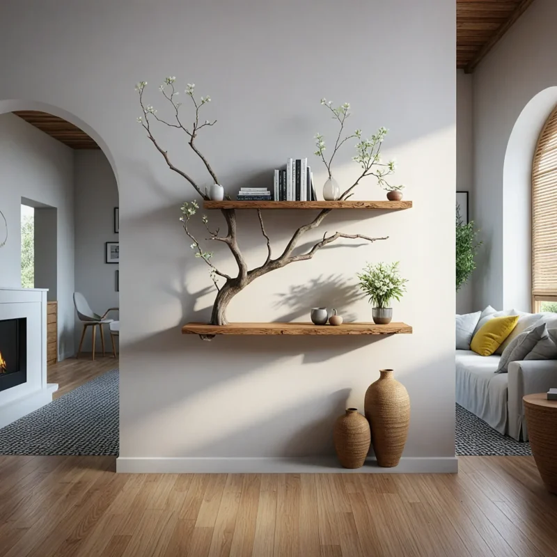 Natural wooden art branch bookshelf next to a unique floating corner bookshelf decorates the home. - Image 2