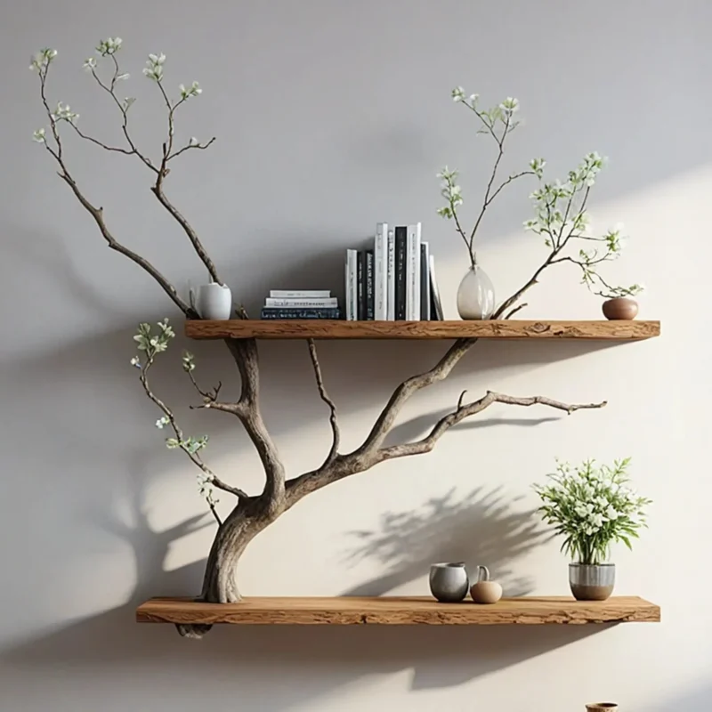 Natural wooden art branch bookshelf next to a unique floating corner bookshelf decorates the home. - Image 3