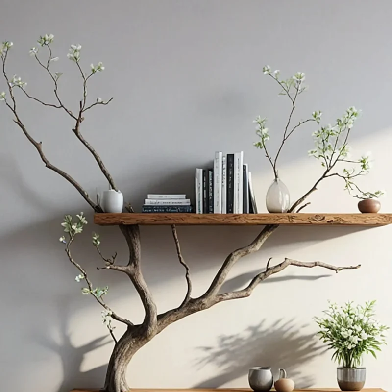 Natural wooden art branch bookshelf next to a unique floating corner bookshelf decorates the home. - Image 4