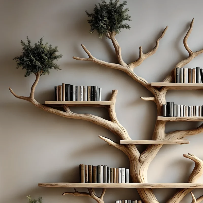 Natural wooden tree-shaped bookshelf decorates the living room with tree branches and solid wood furniture - Image 2