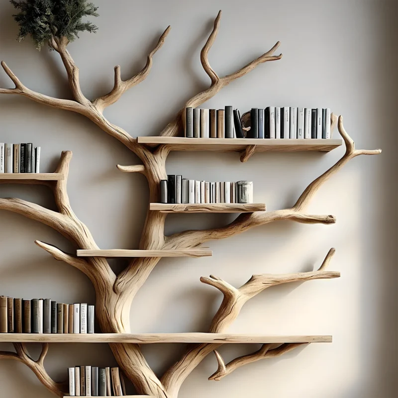 Natural wooden tree-shaped bookshelf decorates the living room with tree branches and solid wood furniture - Image 3