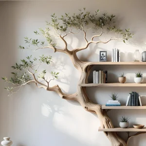 Solid wood tree branch bookshelf living next to unique floating corner wall shelf bookcase home decoration.