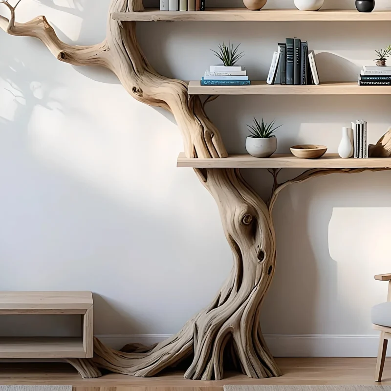 Solid wood tree branch bookshelf living next to unique floating corner wall shelf bookcase home decoration. - Image 2