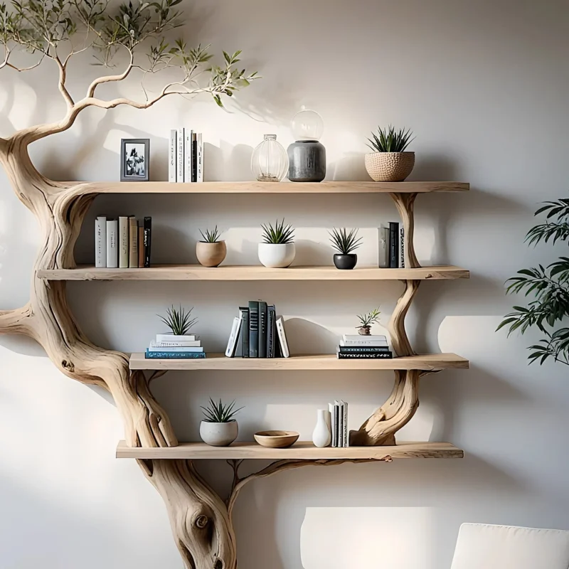 Solid wood tree branch bookshelf living next to unique floating corner wall shelf bookcase home decoration. - Image 3