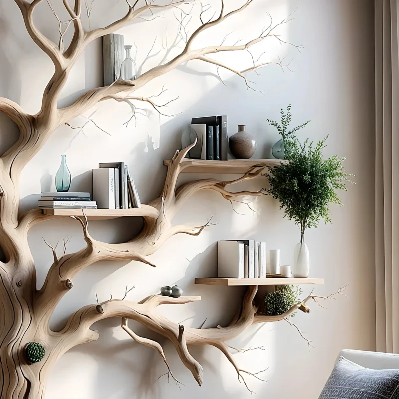 The unique tree-shaped bookshelf is made from natural driftwood, highlighted with artistic tree branches. - Image 2