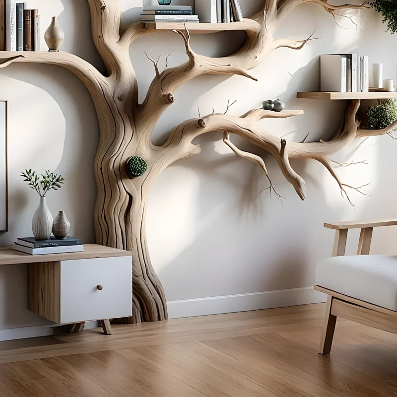 The unique tree-shaped bookshelf is made from natural driftwood, highlighted with artistic tree branches. - Image 3