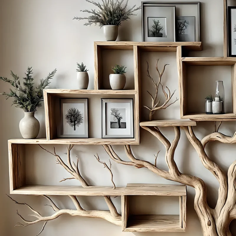 Tree bookshelf floating book shelf bookcase solid wood hanging shelves unique decor for living room - Image 2
