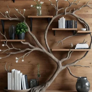 Tree Bookshelf, Handmade Wooden Furniture for Living Room or Bedroom | Solid Wood Driftwood Branches, Floating Wall Shelves
