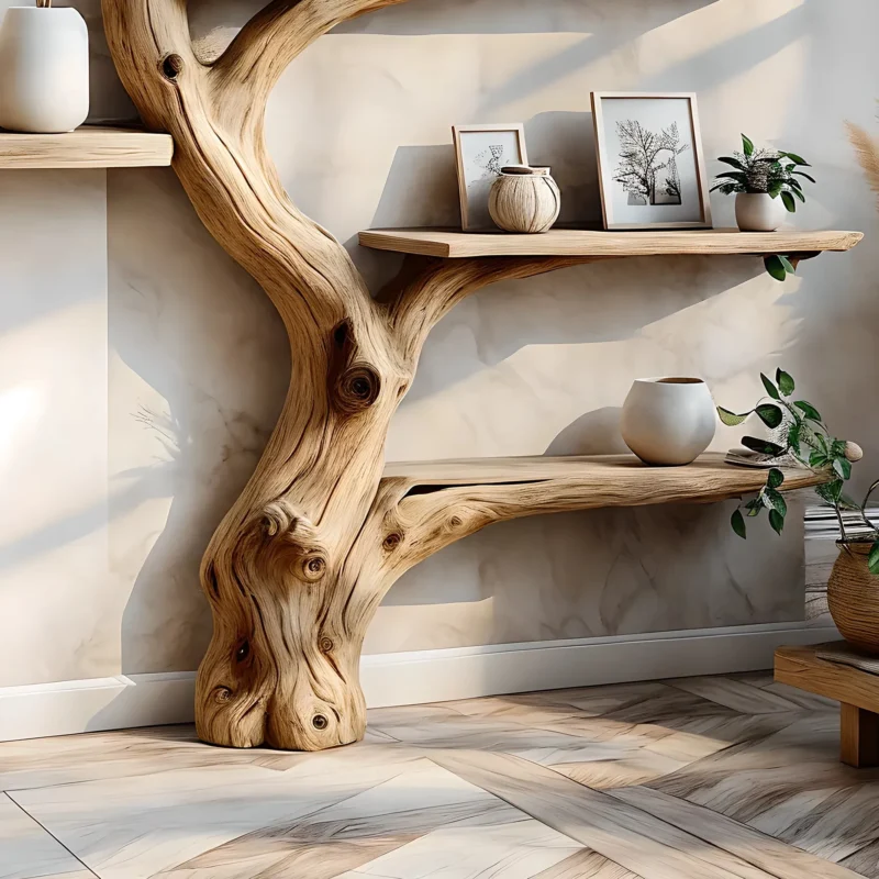 Tree branch bookshelf decorated with driftwood. Solid wood bookshelf decorates interior walls - Image 2