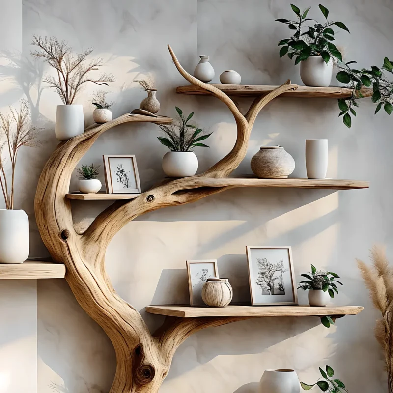 Tree branch bookshelf decorated with driftwood. Solid wood bookshelf decorates interior walls - Image 3
