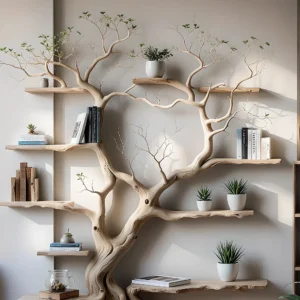 Tree branch floating shelf solid wood live edge floating corner wall shelf unique bookcase home decor.