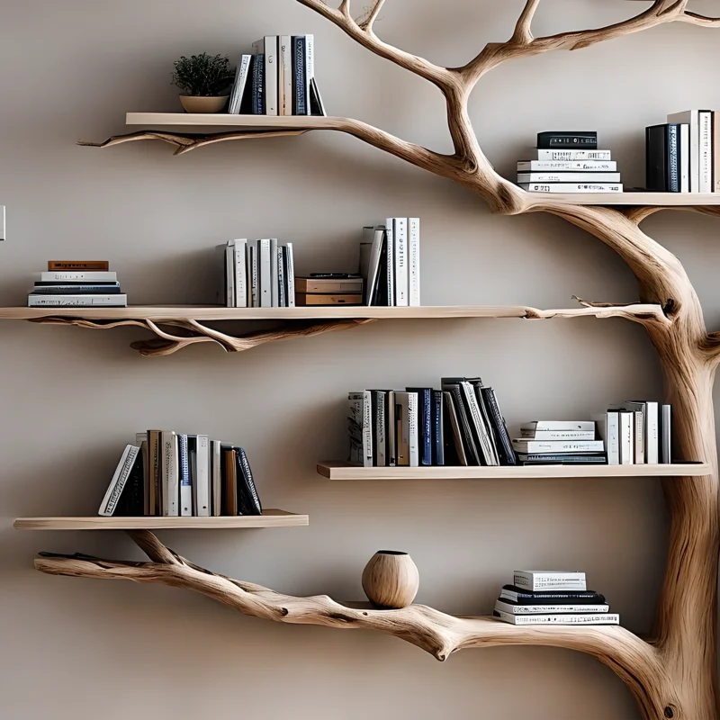 Tree shaped bookshelf, solid wood tree branch shelf, handmade wall hanging interior decoration for home - Image 2