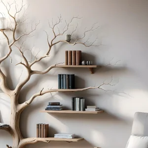 Tree shaped wall shelf, old wooden shelf. Decorative bookshelf