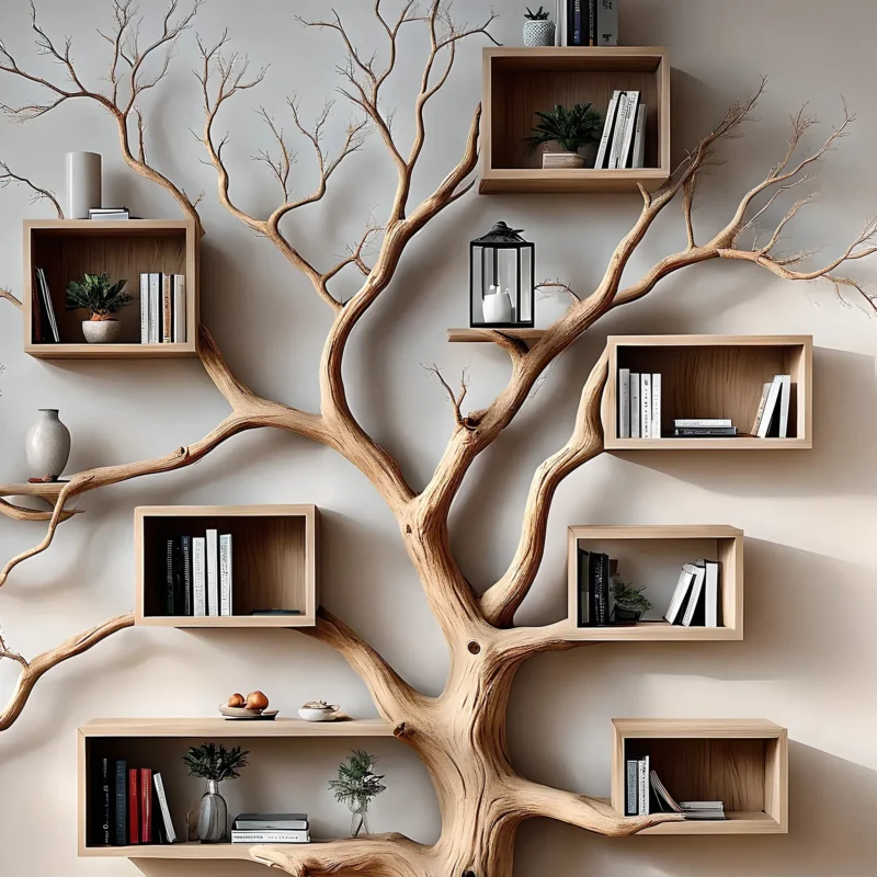 Tree-shaped bookshelf with box shelf, tree-shaped bookshelf, square floating shelf, home decoration - Image 2