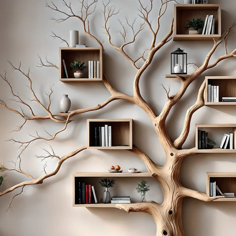 Tree-shaped bookshelf with box shelf, tree-shaped bookshelf, square floating shelf, home decoration - Image 3