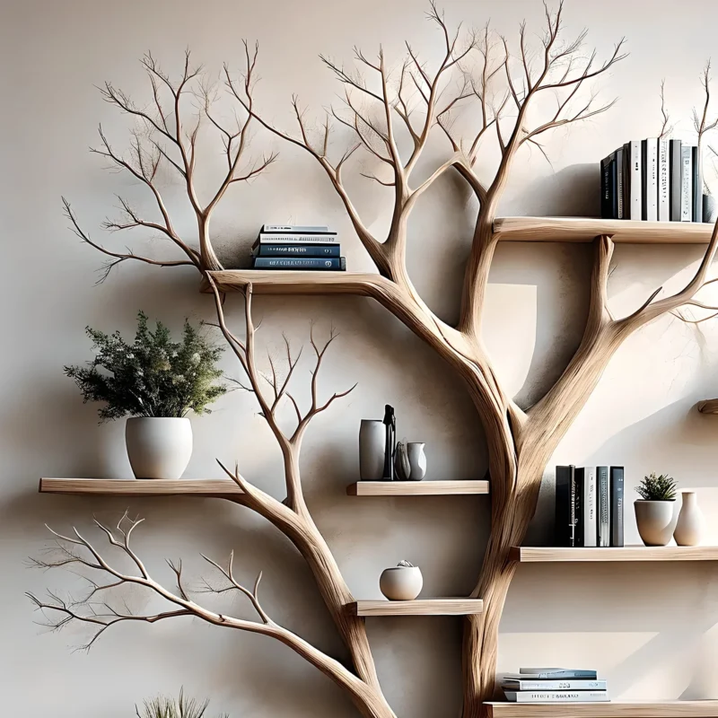 Tree-shaped bookshelf with side table, floating shelf, decorative shelf, children's bookshelf displaying souvenirs - Image 2