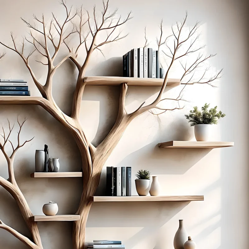 Tree-shaped bookshelf with side table, floating shelf, decorative shelf, children's bookshelf displaying souvenirs - Image 3