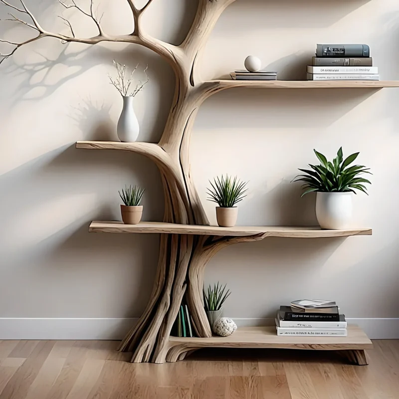 Tree-shaped bookshelf, 100% handmade, solid wood shelf, floating shelf, living room decoration shelf, natural wood shelf - Image 2