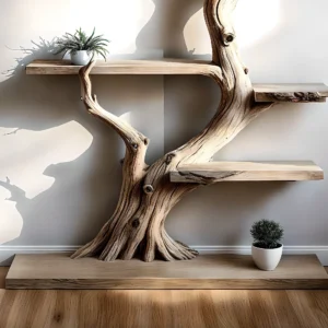 Tree-shaped natural wooden shelves, walnut wood, solid tree shelves,