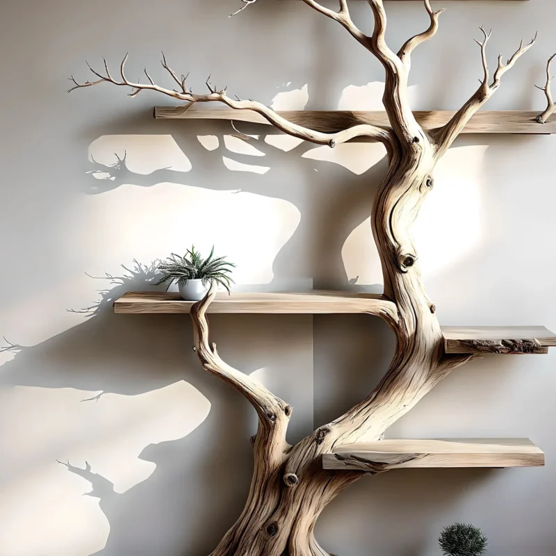Tree-shaped natural wooden shelves, walnut wood, solid tree shelves, - Image 2