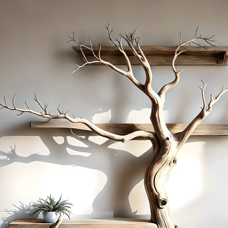 Tree-shaped natural wooden shelves, walnut wood, solid tree shelves, - Image 3