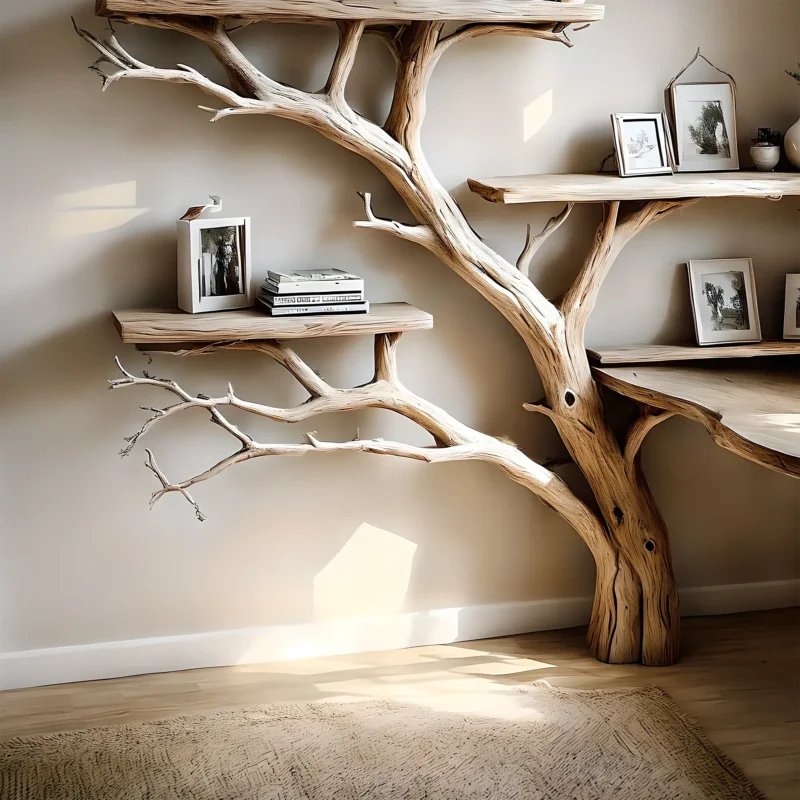Tree-studded bookshelf, corner shelf living next to solid wood bookshelf on decorative wall - Image 2