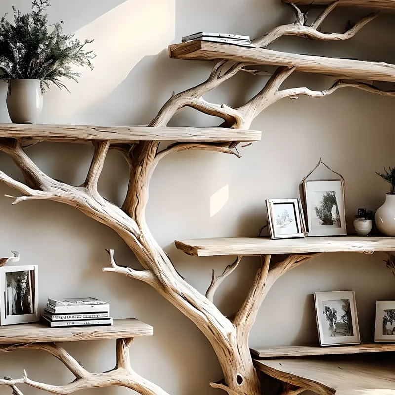 Tree-studded bookshelf, corner shelf living next to solid wood bookshelf on decorative wall - Image 3