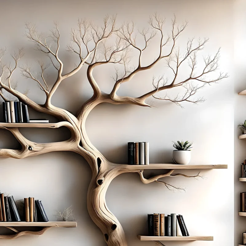 Wall-mounted bookshelf decorated with pine trees, driftwood bookshelf, living room decoration bookshelf, Christmas decoration - Image 2