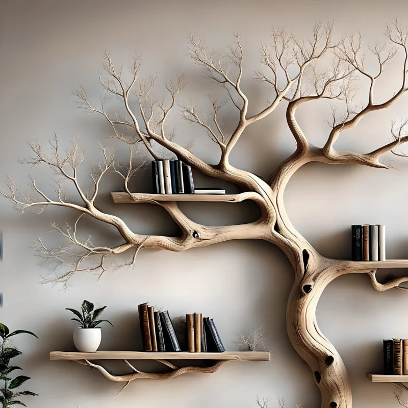 Wall-mounted bookshelf decorated with pine trees, driftwood bookshelf, living room decoration bookshelf, Christmas decoration - Image 3