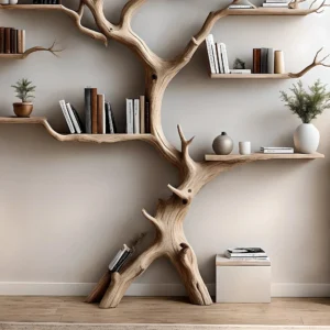 Wall-mounted bookshelf decorates the living room. Decorative bookshelf shaped like aged wood