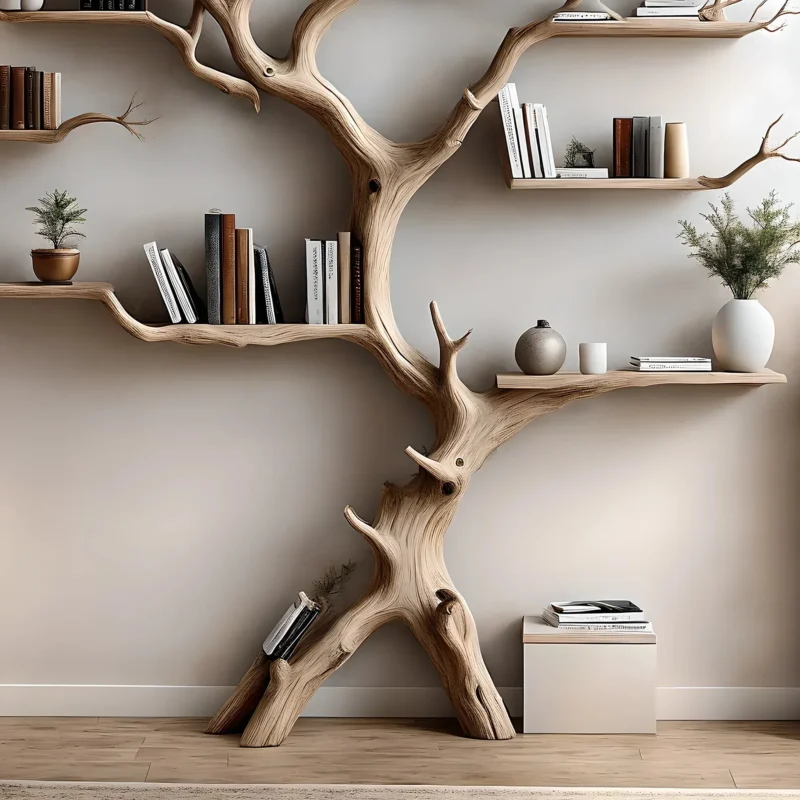Wall-mounted bookshelf decorates the living room. Decorative bookshelf shaped like aged wood