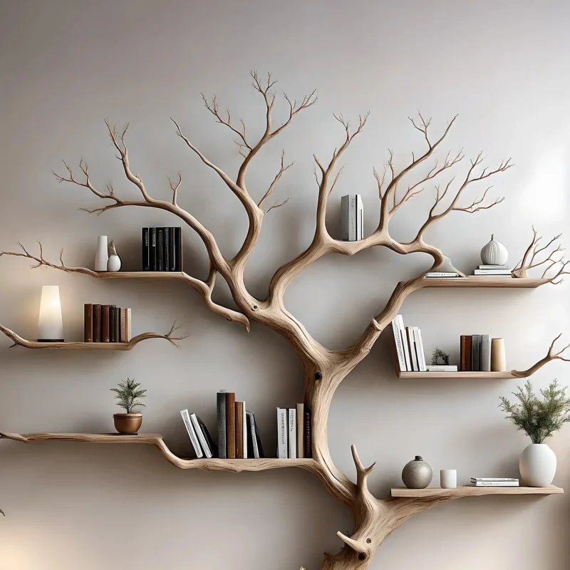 Wall-mounted bookshelf decorates the living room. Decorative bookshelf shaped like aged wood - Image 2