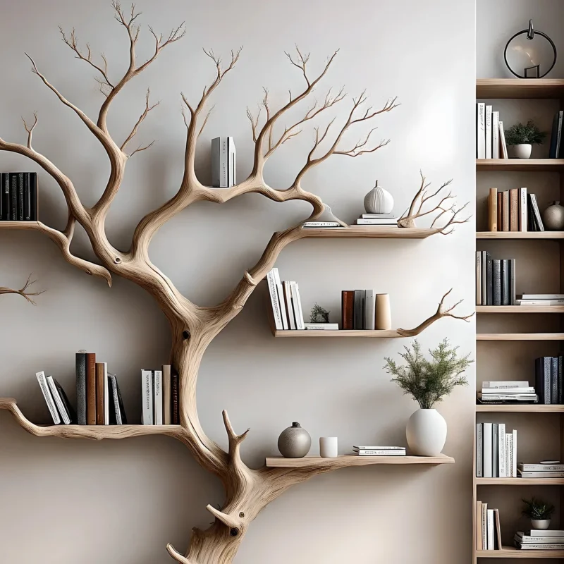 Wall-mounted bookshelf decorates the living room. Decorative bookshelf shaped like aged wood - Image 3