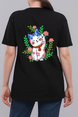 Maneki neko Lucky Japanese Cat Floral Botanical Woman T-Shirt