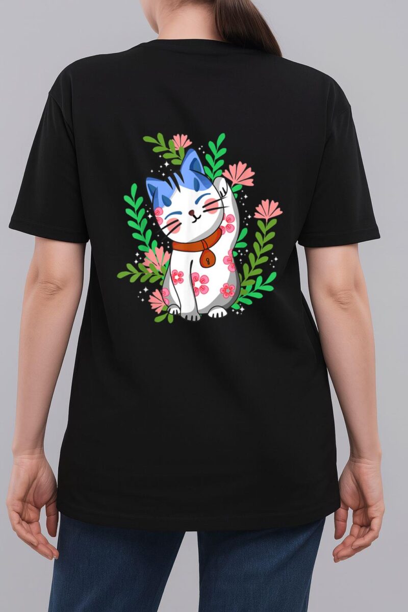 Maneki neko Lucky Japanese Cat Floral Botanical Woman T-Shirt