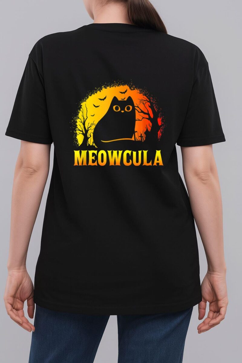 Meowcula Black Cat Halloween Vampire Cat Woman T-Shirt