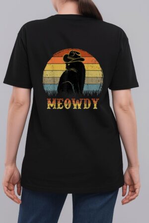 Meowdy Funny Country Music Black Cat Cowboy Hat Vintage Woman T-Shirt