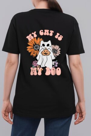 My Cat Is My Boo Floral Groovy Ghost Cat Spooky Halloween Woman T-Shirt