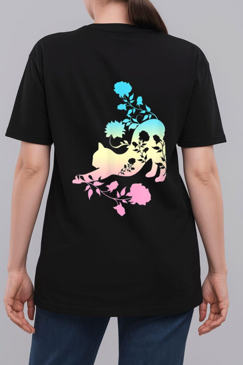 Pastel Stretching Cat With Roses Kitten Woman T-Shirt