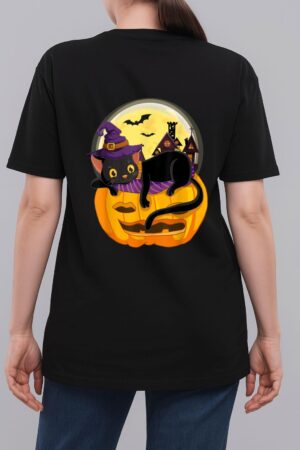 Pumpkin Black Cat Halloween Costume Scary Witch Autumn Fall Woman T-Shirt