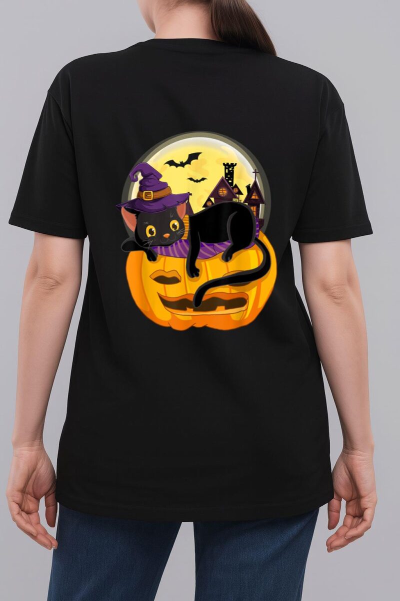 Pumpkin Black Cat Halloween Costume Scary Witch Autumn Fall Woman T-Shirt