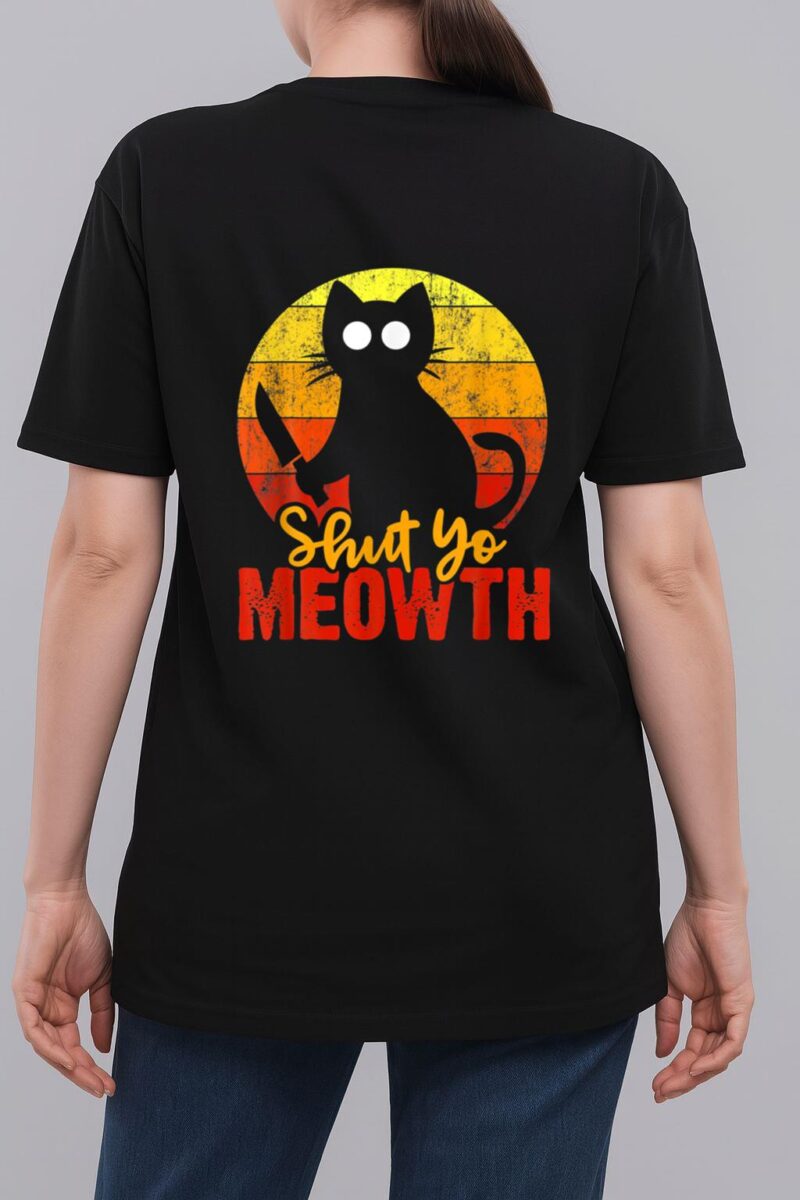 Shut Your Meowth Gory Halloween Cat With Knife Murderous Woman T-Shirt