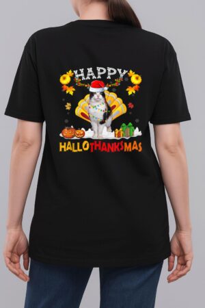 Siamese Cat Halloween Hanksgiving Christmas Hallothanksmas Woman T-Shirt
